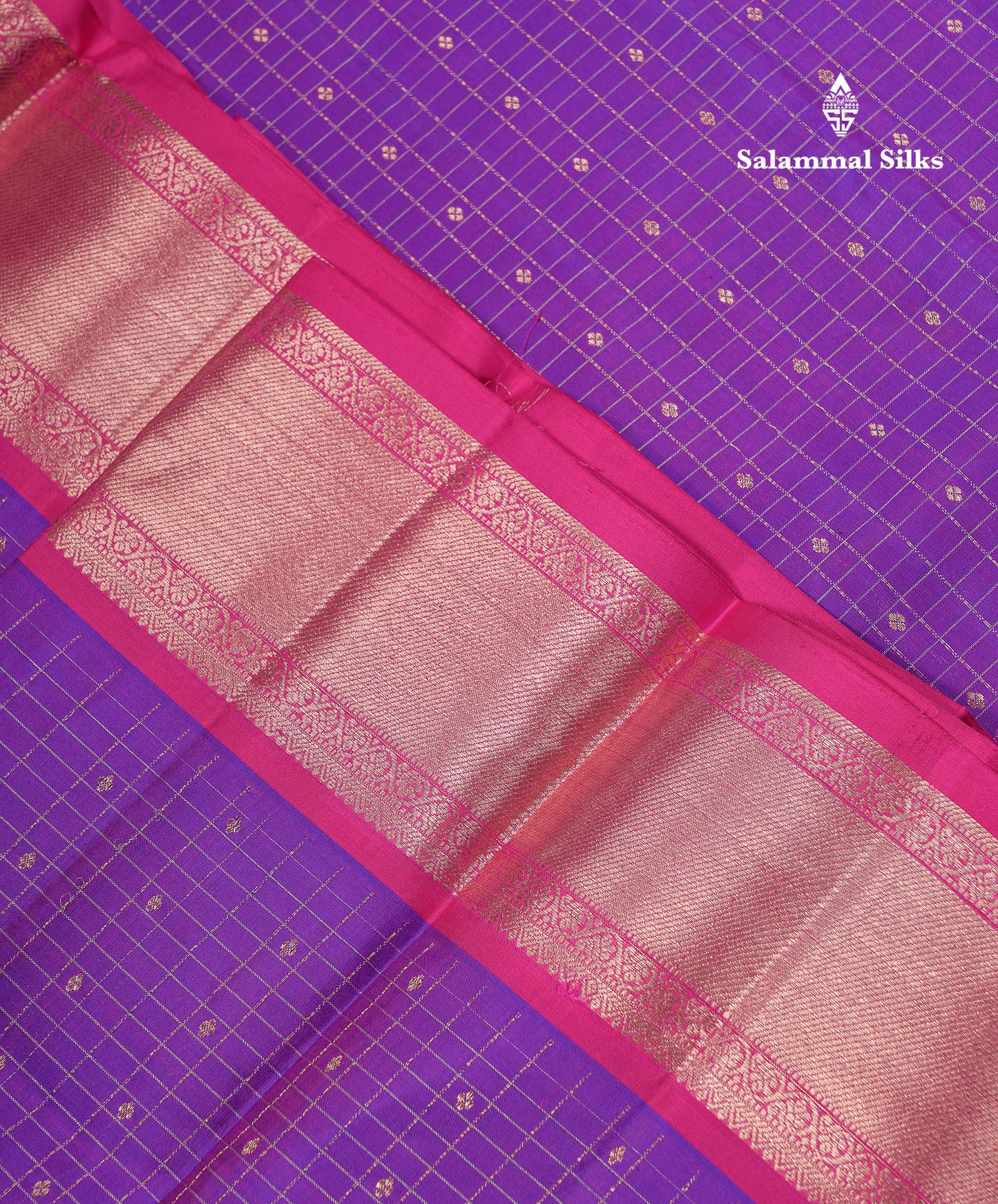Beautiful Purple Small Checks With Butta Pure Kanjivaram Silk Saree With Contrast Pink Traditional Evening Morning Border