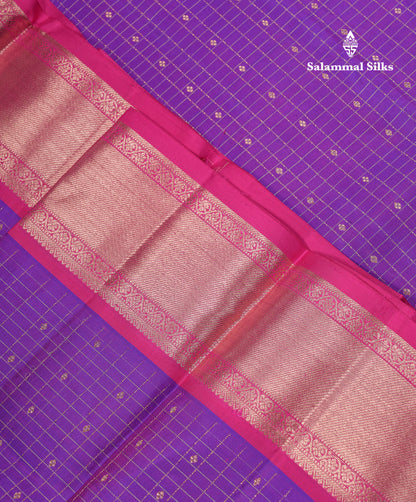 Beautiful Purple Small Checks With Butta Pure Kanjivaram Silk Saree With Contrast Pink Traditional Evening Morning Border