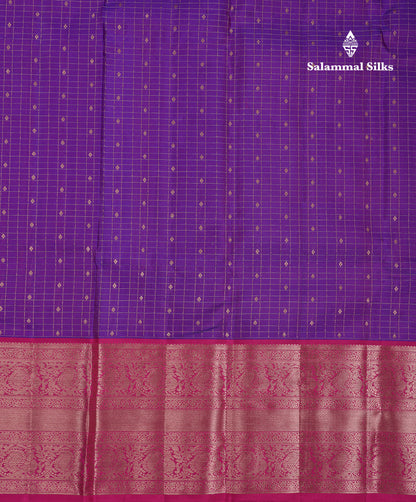 Beautiful Purple Small Checks With Butta Pure Kanjivaram Silk Saree With Contrast Pink Traditional Evening Morning Border