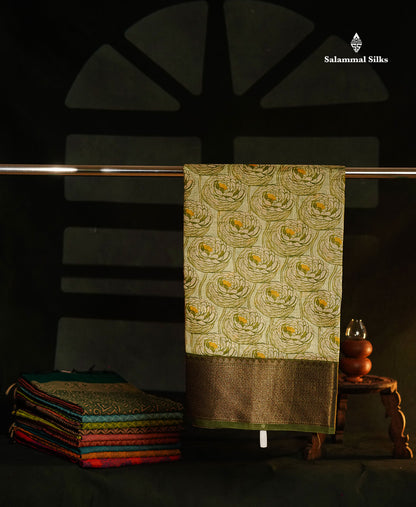 Light Green Chanderi Mixed Cotton Saree With Contrast Army Green Border
