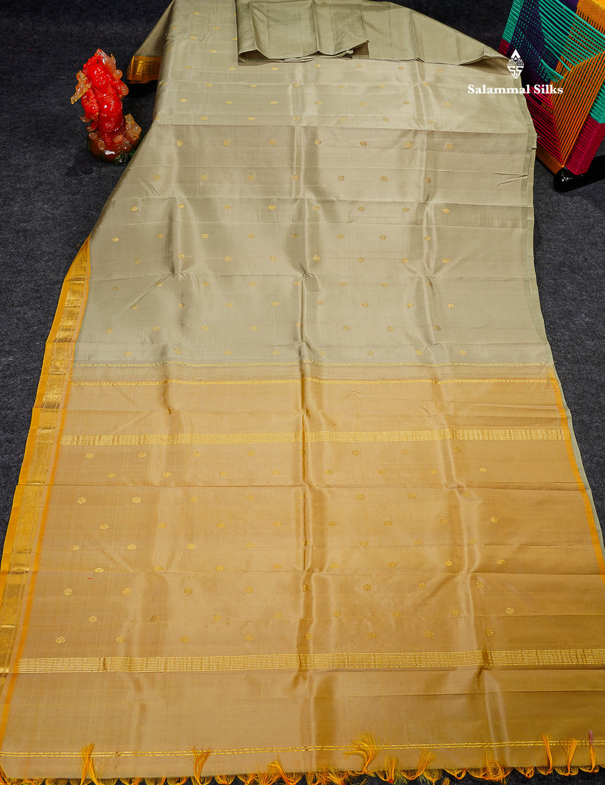 One Side Border Pure Silk Saree - Light Parrot Green Colour Zari Butta With Contrast Mustard Yellow Small Border