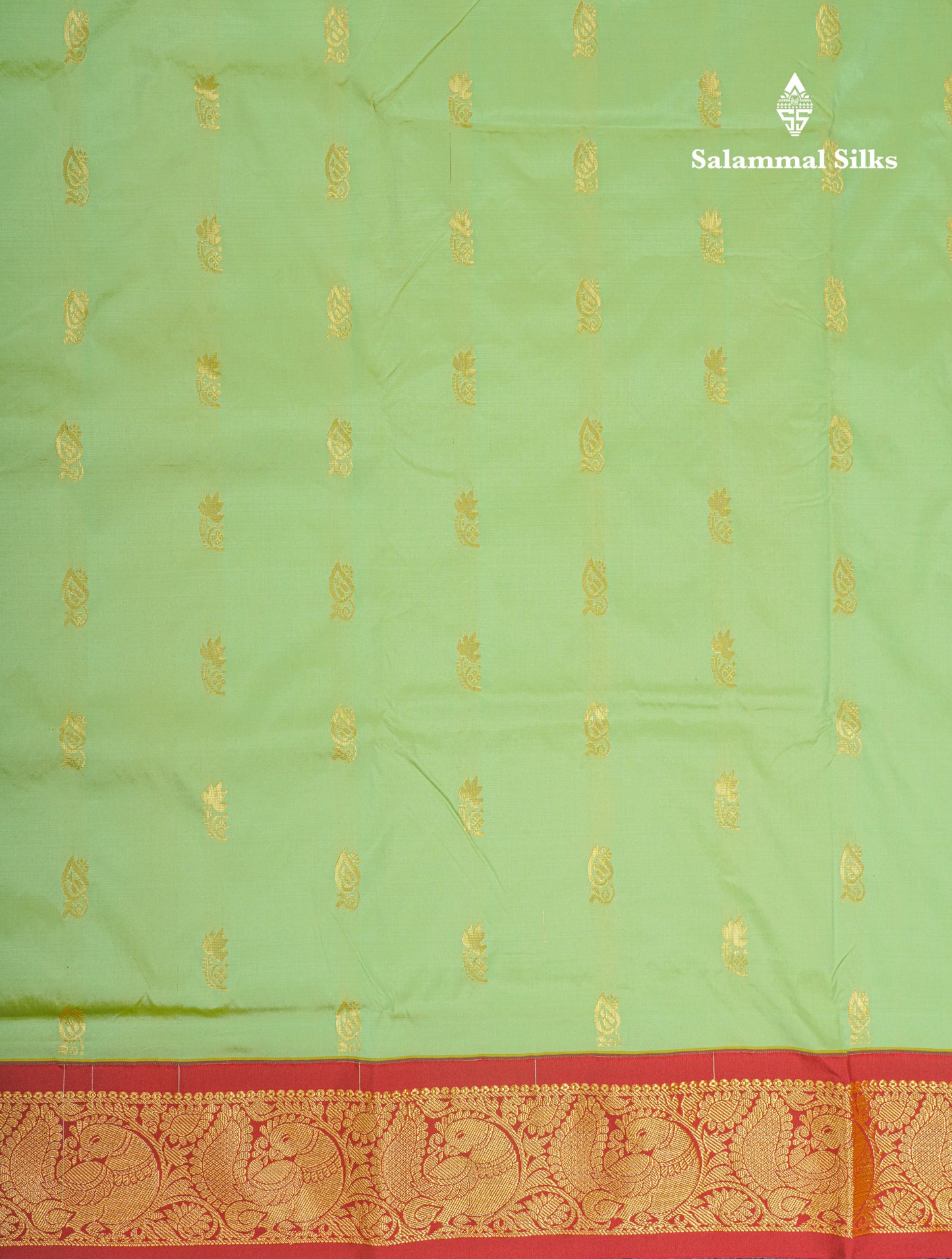 9 Yards Semi Silk Saree Light Green With Contrast Maroon Border