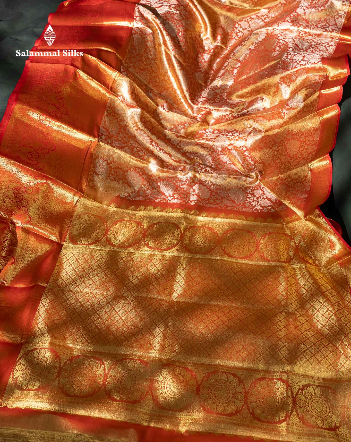 Beautiful Orange Tissue Bridal Pure Kanjivaram Silk Saree With Contrast Chilly Red Traditional Evening Morning Border