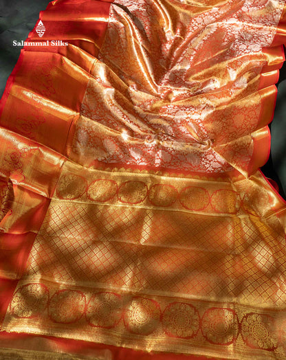 Beautiful Orange Tissue Bridal Pure Kanjivaram Silk Saree With Contrast Chilly Red Traditional Evening Morning Border