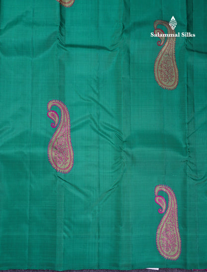 Beautiful Sapphire Green Zari And Thread Work Butta Pure Kanjivaram Silk Saree With Contrast Rani Pink Blouse