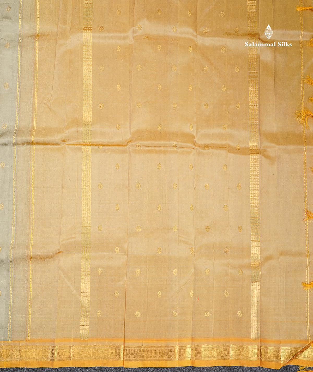One Side Border Pure Silk Saree - Light Parrot Green Colour Zari Butta With Contrast Mustard Yellow Small Border