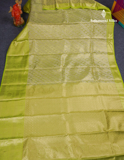 Beautiful Light Green Tissue Bridal Pure Kanjivaram Silk Saree With Contrast Parrot Green Traditional Evening Morning Border