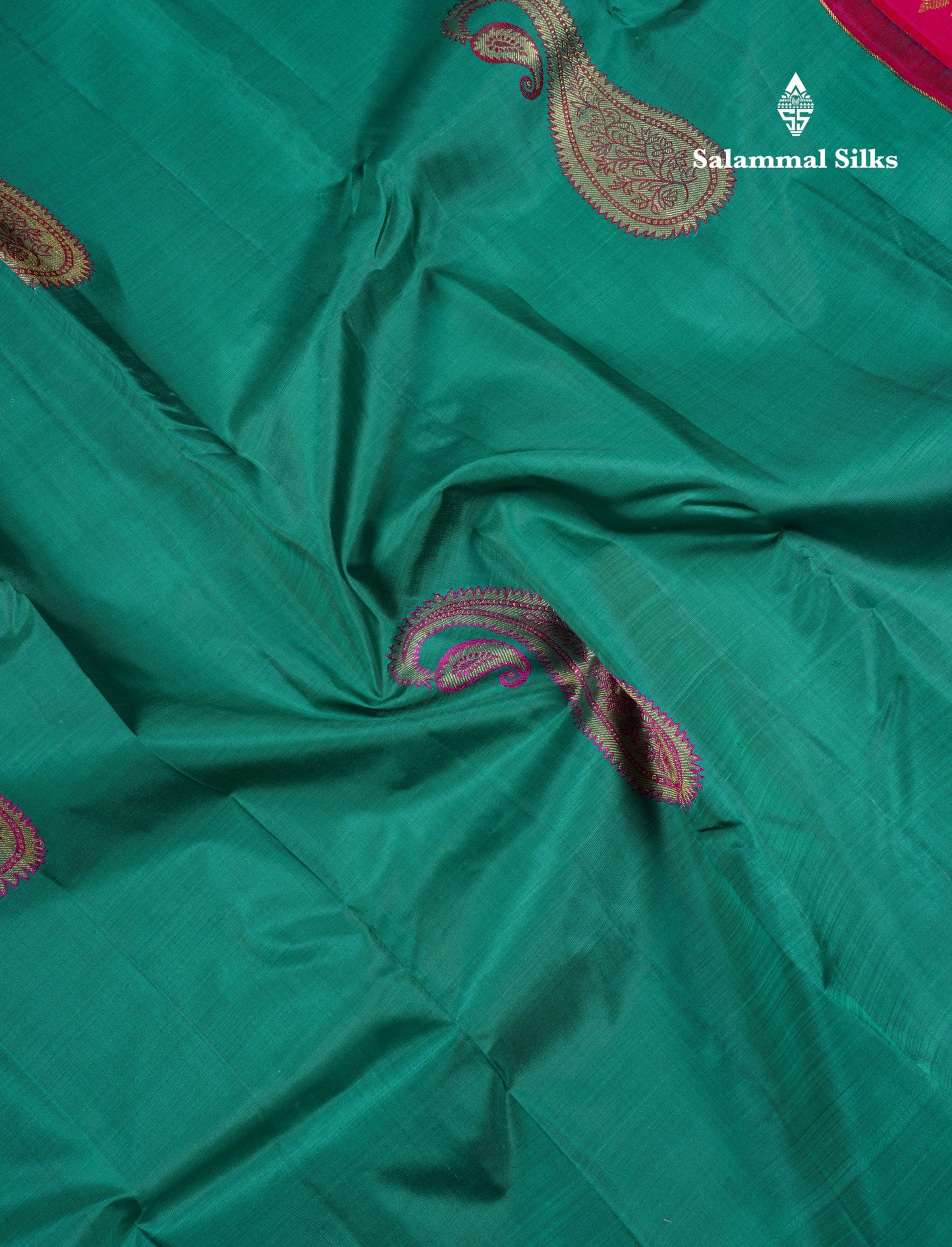 Beautiful Sapphire Green Zari And Thread Work Butta Pure Kanjivaram Silk Saree With Contrast Rani Pink Blouse