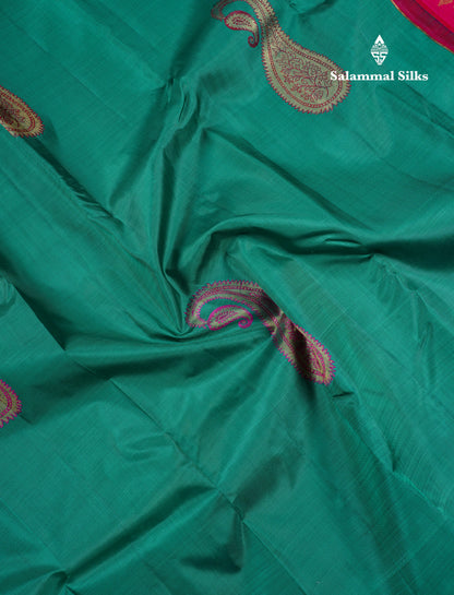 Beautiful Sapphire Green Zari And Thread Work Butta Pure Kanjivaram Silk Saree With Contrast Rani Pink Blouse