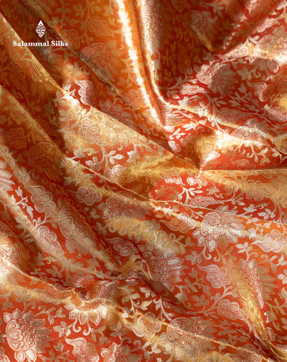 Beautiful Orange Tissue Bridal Pure Kanjivaram Silk Saree With Contrast Chilly Red Traditional Evening Morning Border
