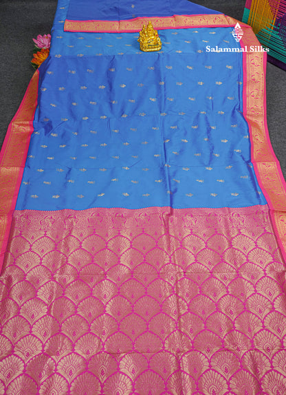 9 Yards Semi Silk Saree Blue with Contrast Pink Border