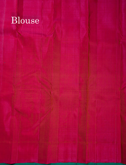 Beautiful Sapphire Green Zari And Thread Work Butta Pure Kanjivaram Silk Saree With Contrast Rani Pink Blouse