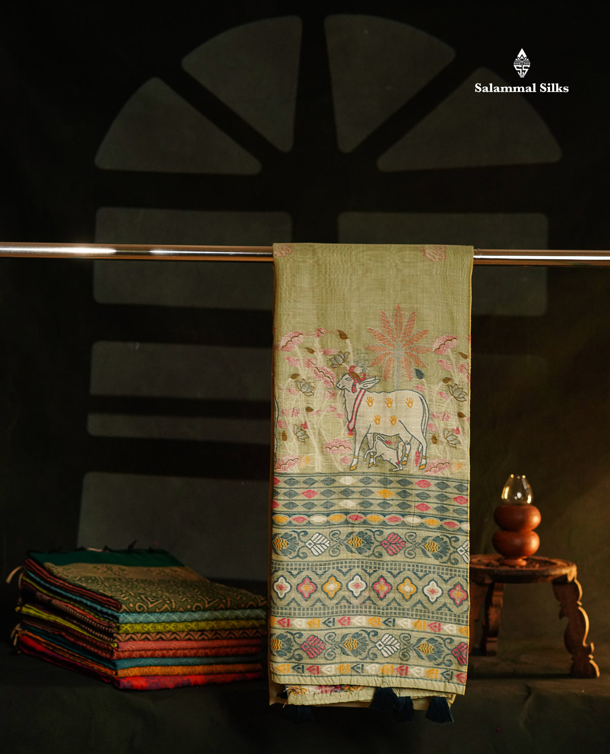Beautiful Light Rexona Menakari Work Thread Butta Muga Cotton Saree With Blouse