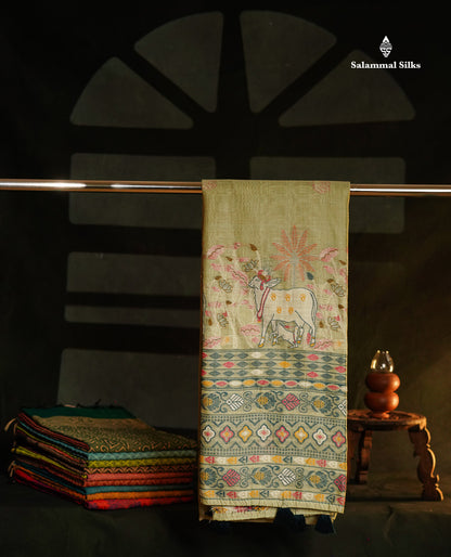 Beautiful Light Rexona Menakari Work Thread Butta Muga Cotton Saree With Blouse
