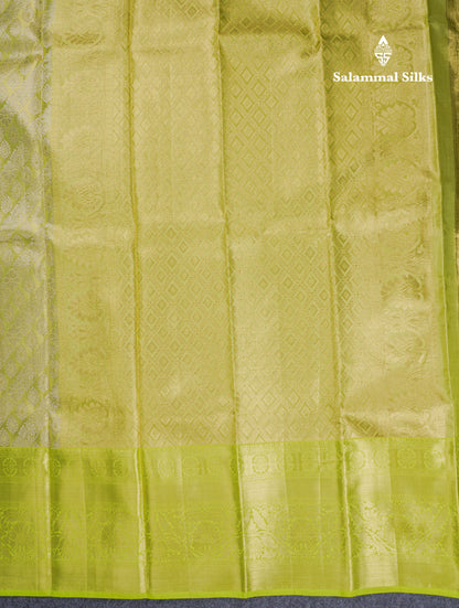 Beautiful Light Green Tissue Bridal Pure Kanjivaram Silk Saree With Contrast Parrot Green Traditional Evening Morning Border