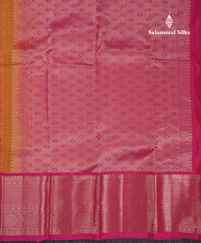 Beautiful Mango Yellow Small Checks With Butta Pure Kanjivaram Silk Saree With Contrast Pink Traditional Evening Morning Border