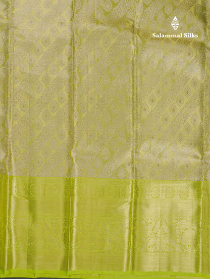 Beautiful Light Green Tissue Bridal Pure Kanjivaram Silk Saree With Contrast Parrot Green Traditional Evening Morning Border