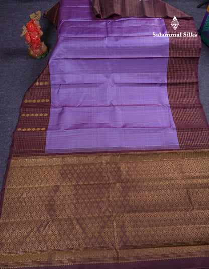 Beautiful Lavender Pure Kanjivaram Silk Saree With Contrast Dark Brown Checks With Butta Border