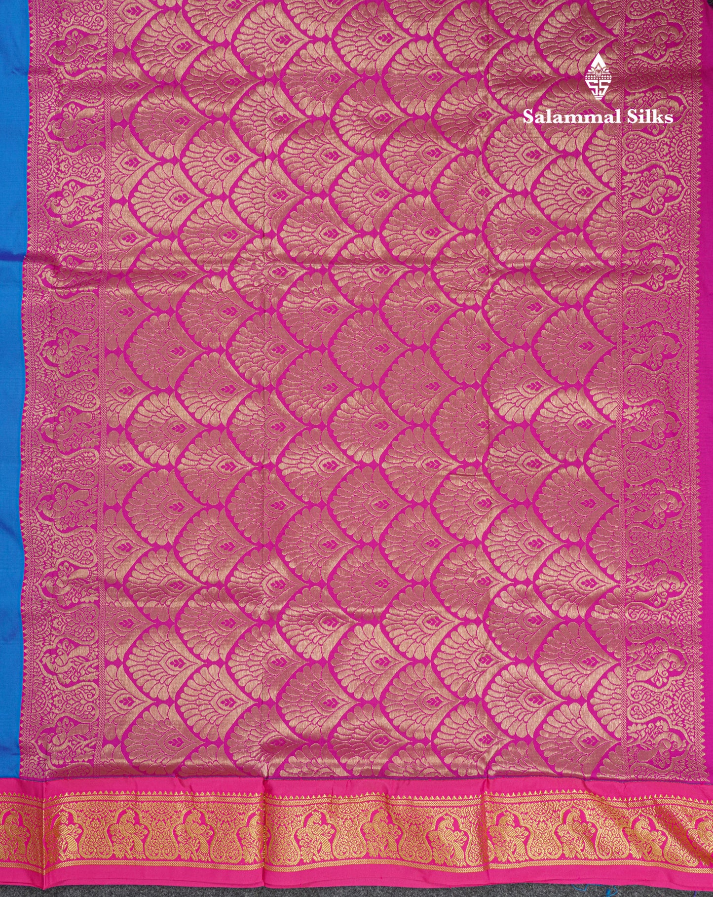 9 Yards Semi Silk Saree Blue with Contrast Pink Border