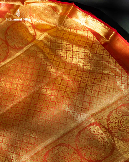 Beautiful Orange Tissue Bridal Pure Kanjivaram Silk Saree With Contrast Chilly Red Traditional Evening Morning Border