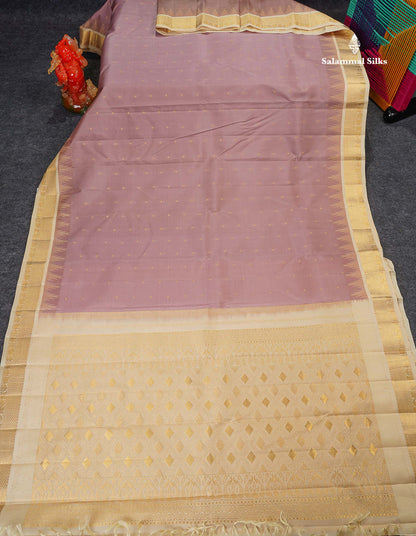 Pure Kanjivaram Silk Saree - Rose Pink Colour Body Zari Butta & Contrast Cream Traditional Temple Border