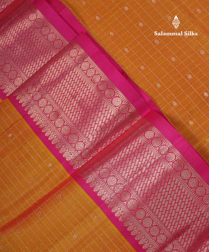 Beautiful Mango Yellow Small Checks With Butta Pure Kanjivaram Silk Saree With Contrast Pink Traditional Evening Morning Border