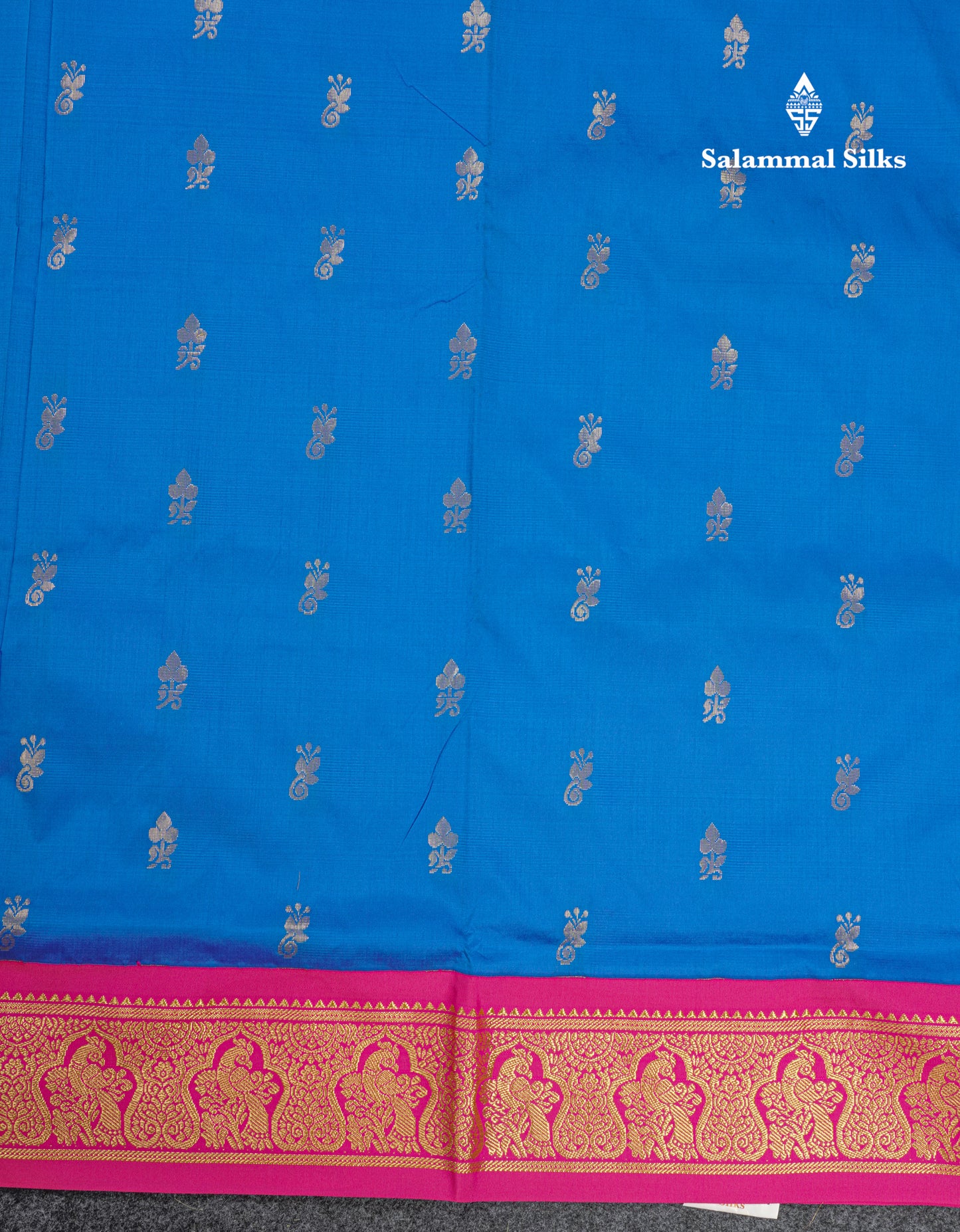 9 Yards Semi Silk Saree Blue with Contrast Pink Border