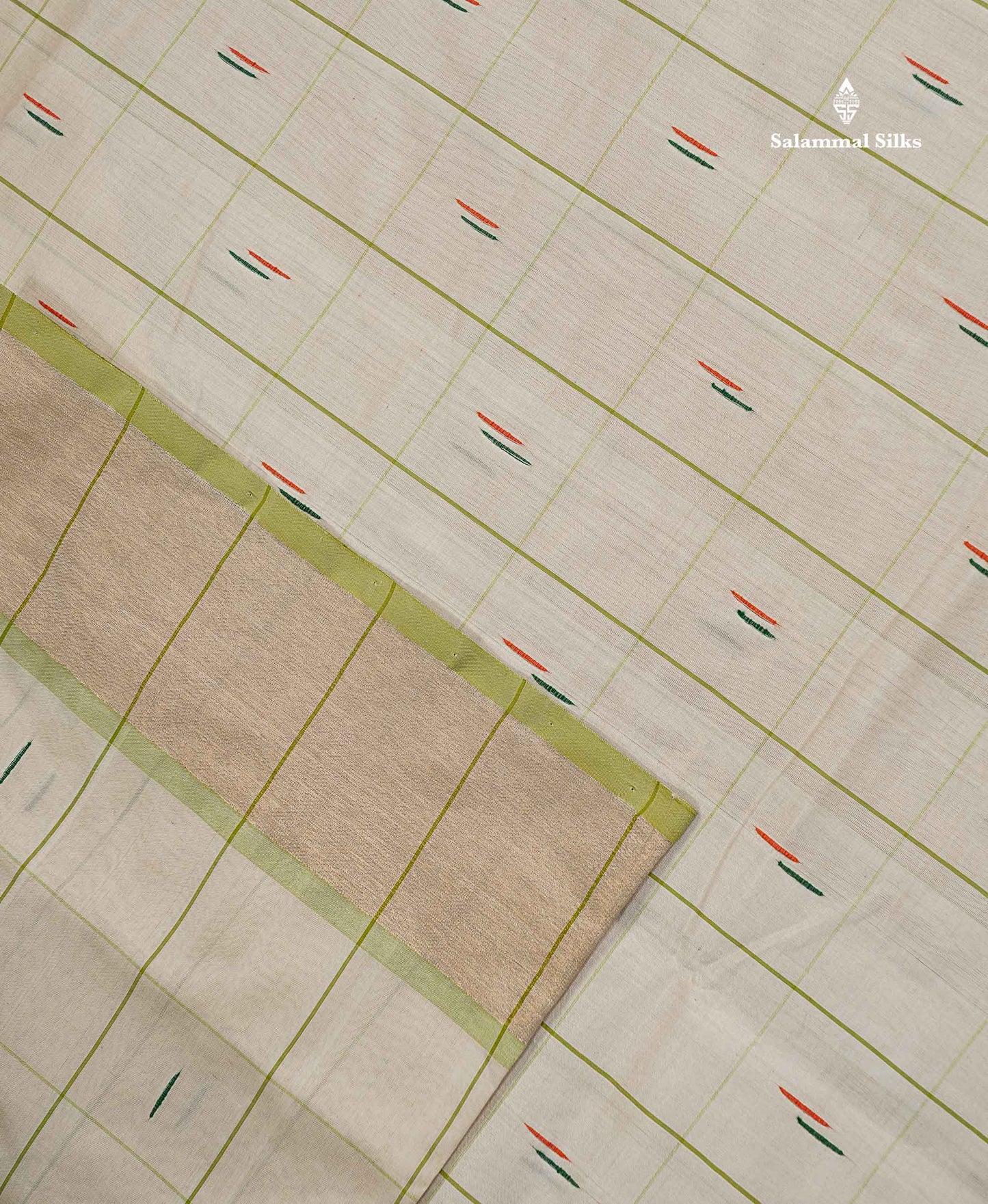 Semi Silk Cotton Saree - Half White Colour Body Checks With Thread Butta & Tissue Border