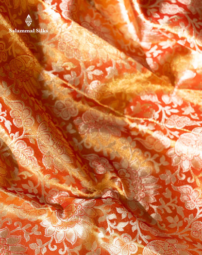 Beautiful Orange Tissue Bridal Pure Kanjivaram Silk Saree With Contrast Chilly Red Traditional Evening Morning Border