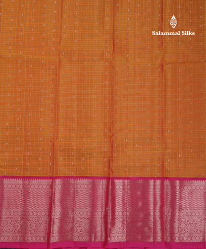 Beautiful Mango Yellow Small Checks With Butta Pure Kanjivaram Silk Saree With Contrast Pink Traditional Evening Morning Border