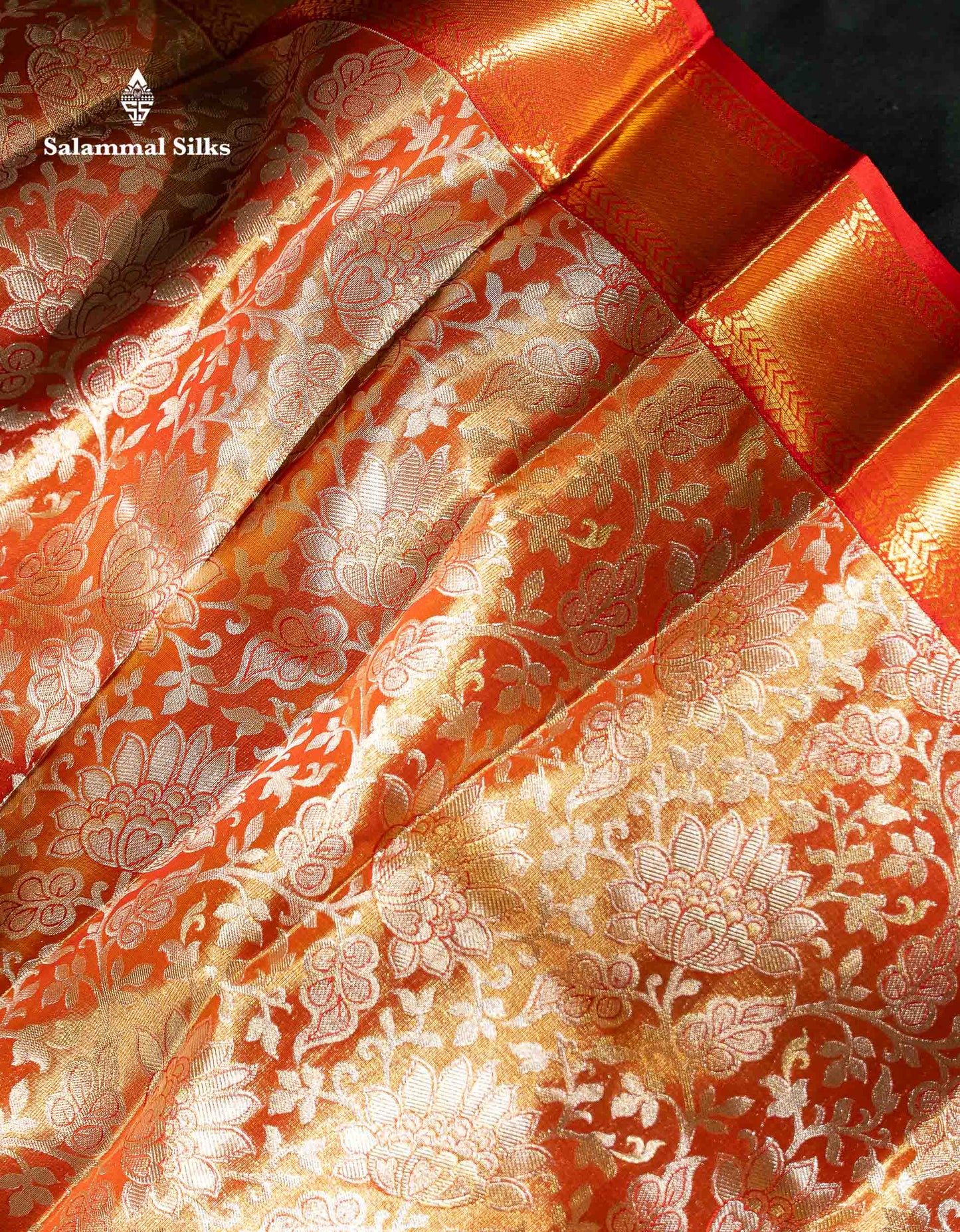 Beautiful Orange Tissue Bridal Pure Kanjivaram Silk Saree With Contrast Chilly Red Traditional Evening Morning Border