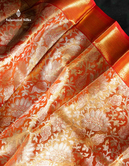 Beautiful Orange Tissue Bridal Pure Kanjivaram Silk Saree With Contrast Chilly Red Traditional Evening Morning Border