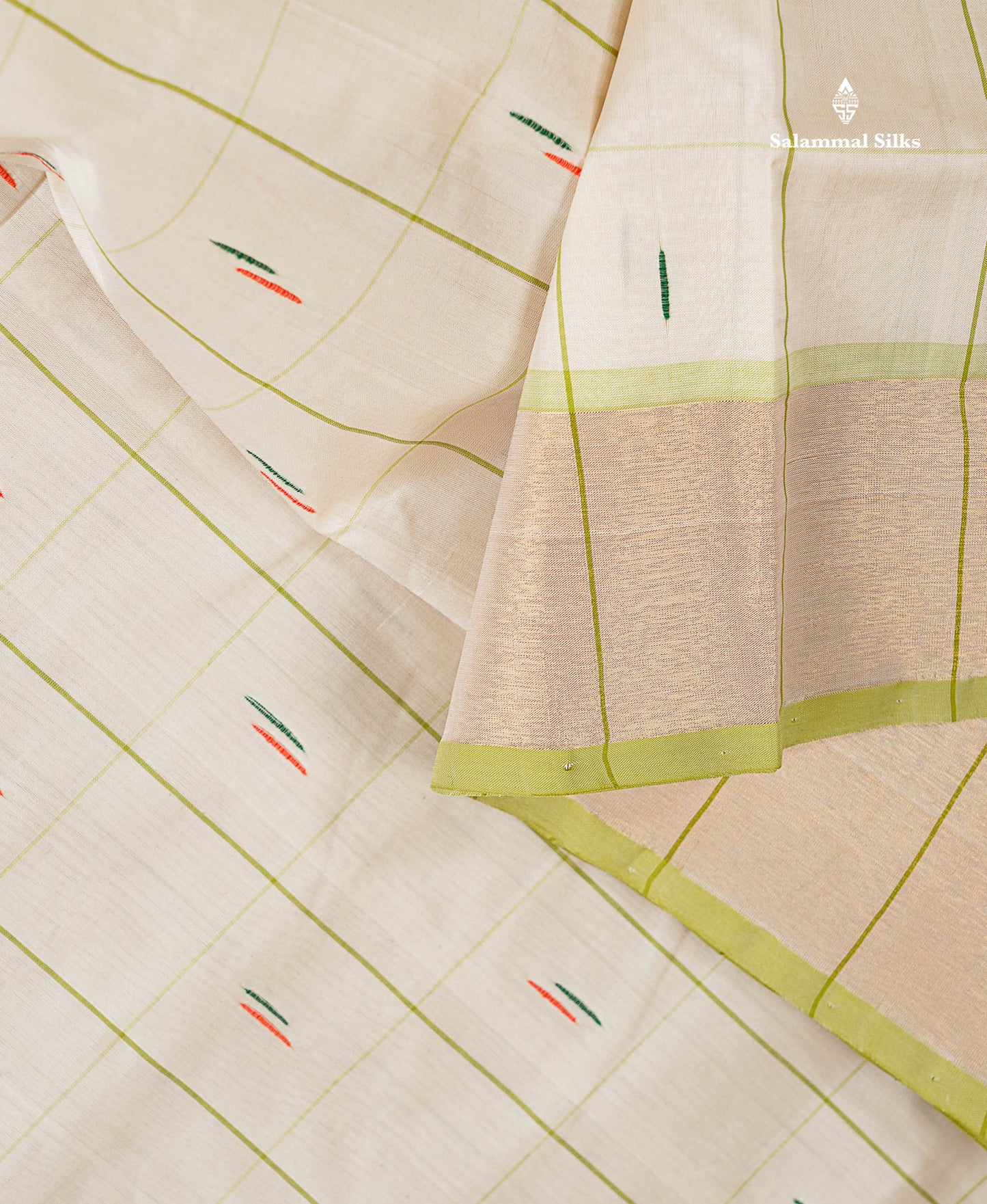 Semi Silk Cotton Saree - Half White Colour Body Checks With Thread Butta & Tissue Border