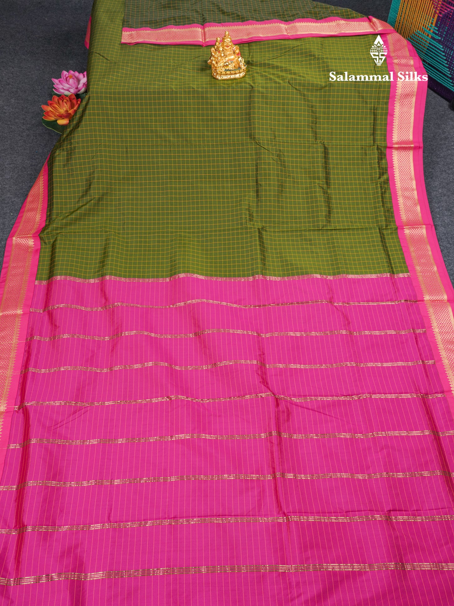 9 Yards Semi Silk Saree Small Checks Violet with Contrast Pink Border