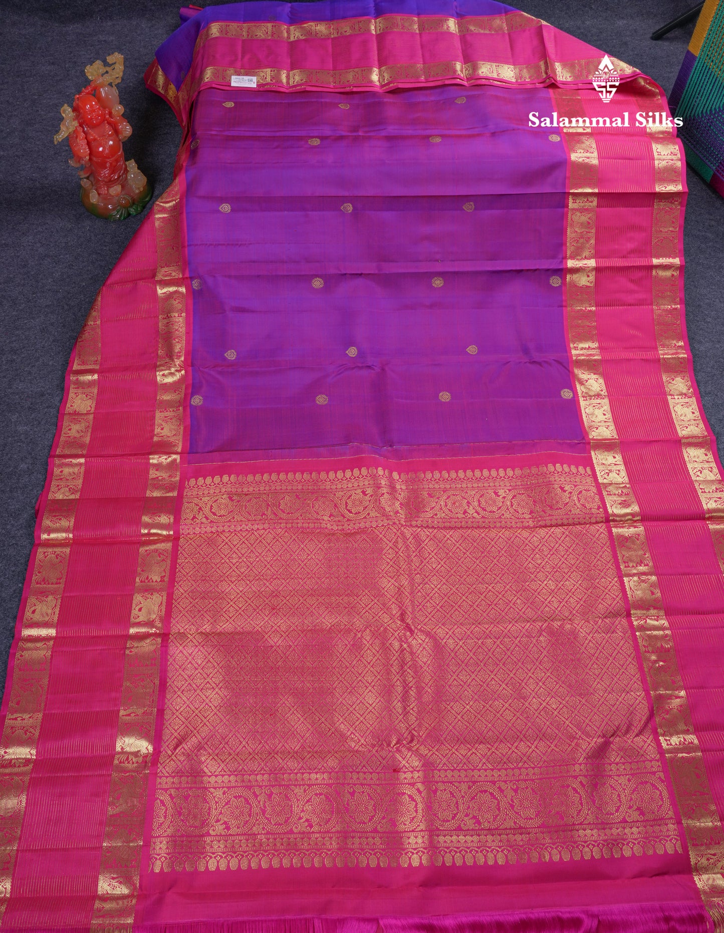 Beautiful Dual Tone Purple Pure Kanjivaram Silk Saree With Contrast Magenta Pink Traditional Border