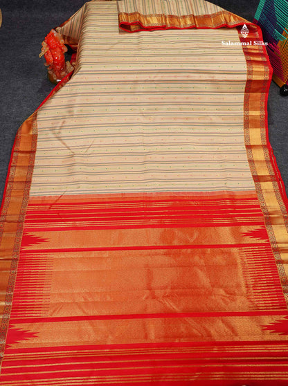 Bridal Pure Kanjivaram Silk Saree - Beige Colour Body Meenakari Work With Contrast Chilly Red Border