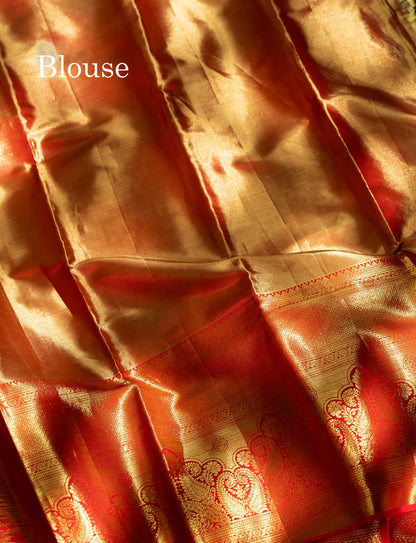 Beautiful Orange Tissue Bridal Pure Kanjivaram Silk Saree With Contrast Chilly Red Traditional Evening Morning Border