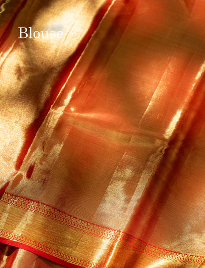 Beautiful Orange Tissue Bridal Pure Kanjivaram Silk Saree With Contrast Chilly Red Traditional Evening Morning Border