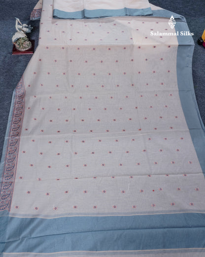 Cream Sandal Silk Kota Fancy Saree With Contrast Grey Embroidery Border