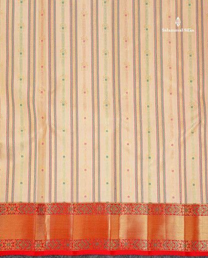 Bridal Pure Kanjivaram Silk Saree - Beige Colour Body Meenakari Work With Contrast Chilly Red Border