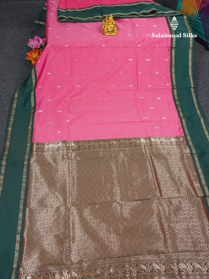 9 Yards Semi Silk Saree Pink with Contrast Bottle Green Traditional Gap Border