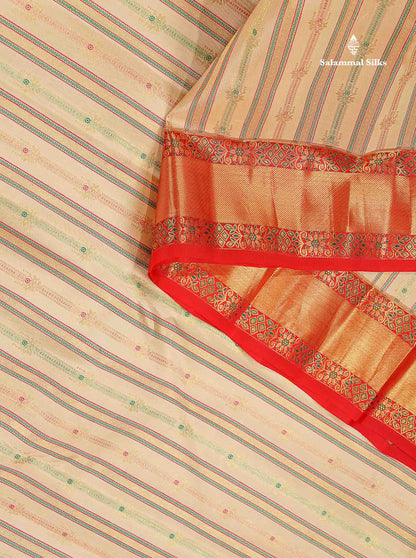 Bridal Pure Kanjivaram Silk Saree - Beige Colour Body Meenakari Work With Contrast Chilly Red Border