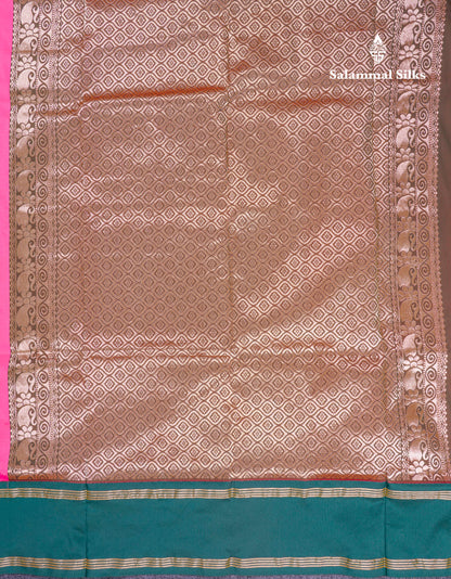 9 Yards Semi Silk Saree Pink with Contrast Bottle Green Traditional Gap Border