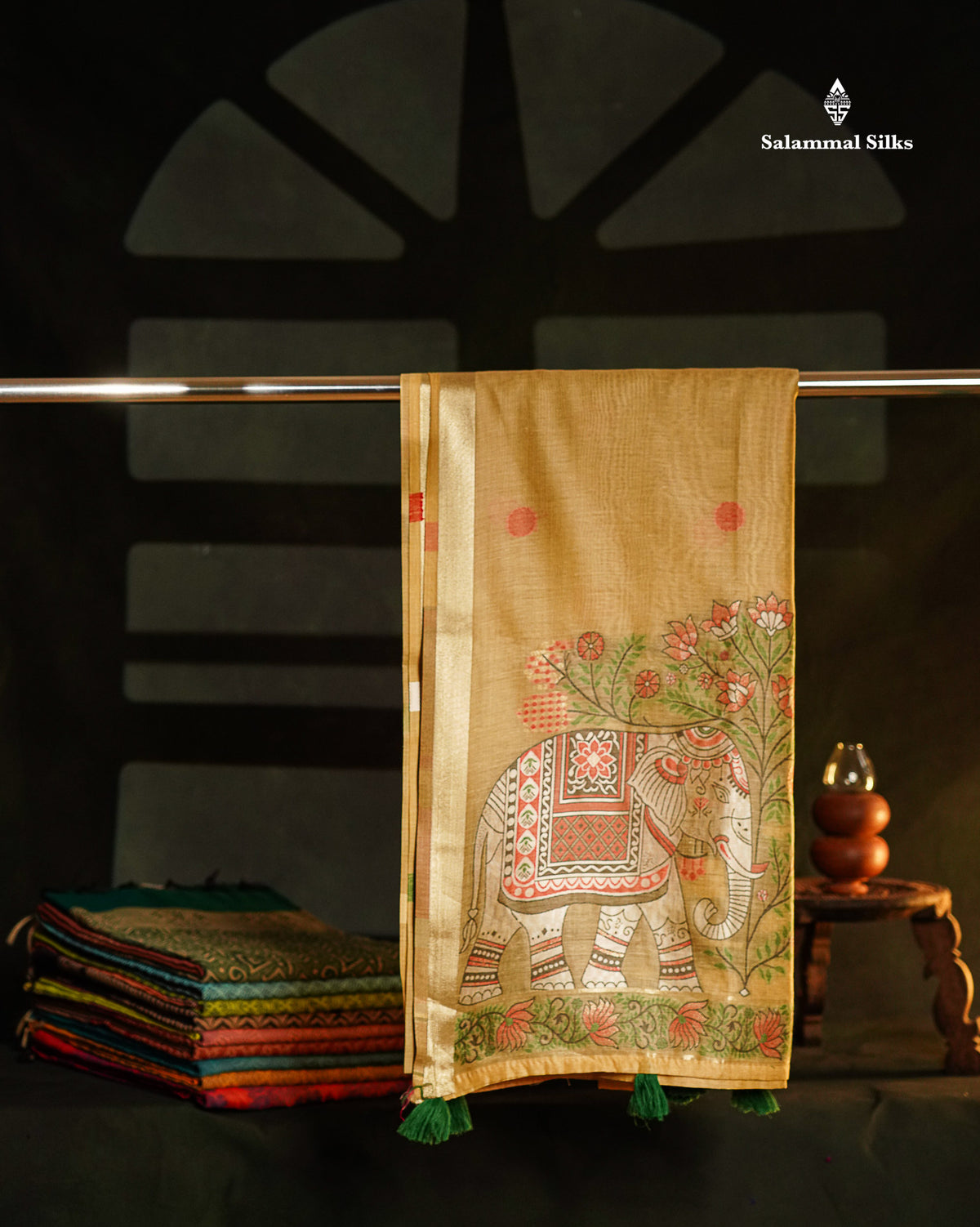 Beautiful Sapphire Green Thread Work Butta Muga Cotton Saree With Contrast Peacock Blue Blouse