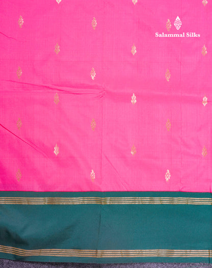 9 Yards Semi Silk Saree Pink with Contrast Bottle Green Traditional Gap Border