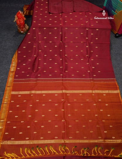 One Side Border Pure Silk Saree - Maroon Colour Body Small Zari Butta With Contrast Mustard Yellow Traditional Border