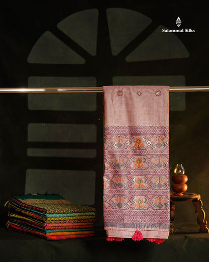 Beautiful Lavender Menakari Work Muga Cotton Saree With Contrast Magenta Blouse
