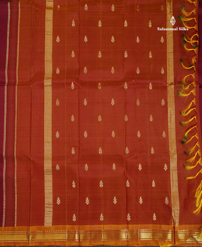 One Side Border Pure Silk Saree - Maroon Colour Small Zari Butta With Contrast Mustard Yellow Traditional Border