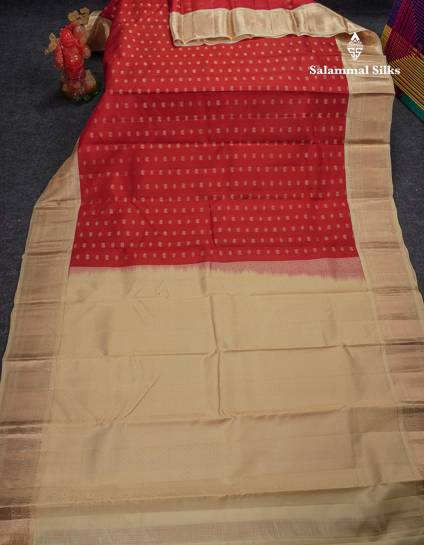 Beautiful Dark Maroon Chakaram  & Peacock Butta Pure Kanjivaram Silk Saree With Contrast Sandal Traditional Border