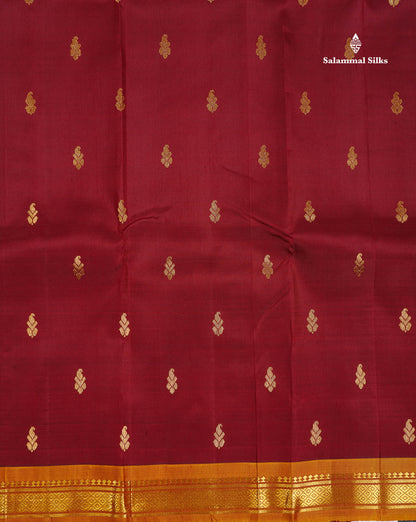 One Side Border Pure Silk Saree - Maroon Colour Small Zari Butta With Contrast Mustard Yellow Traditional Border